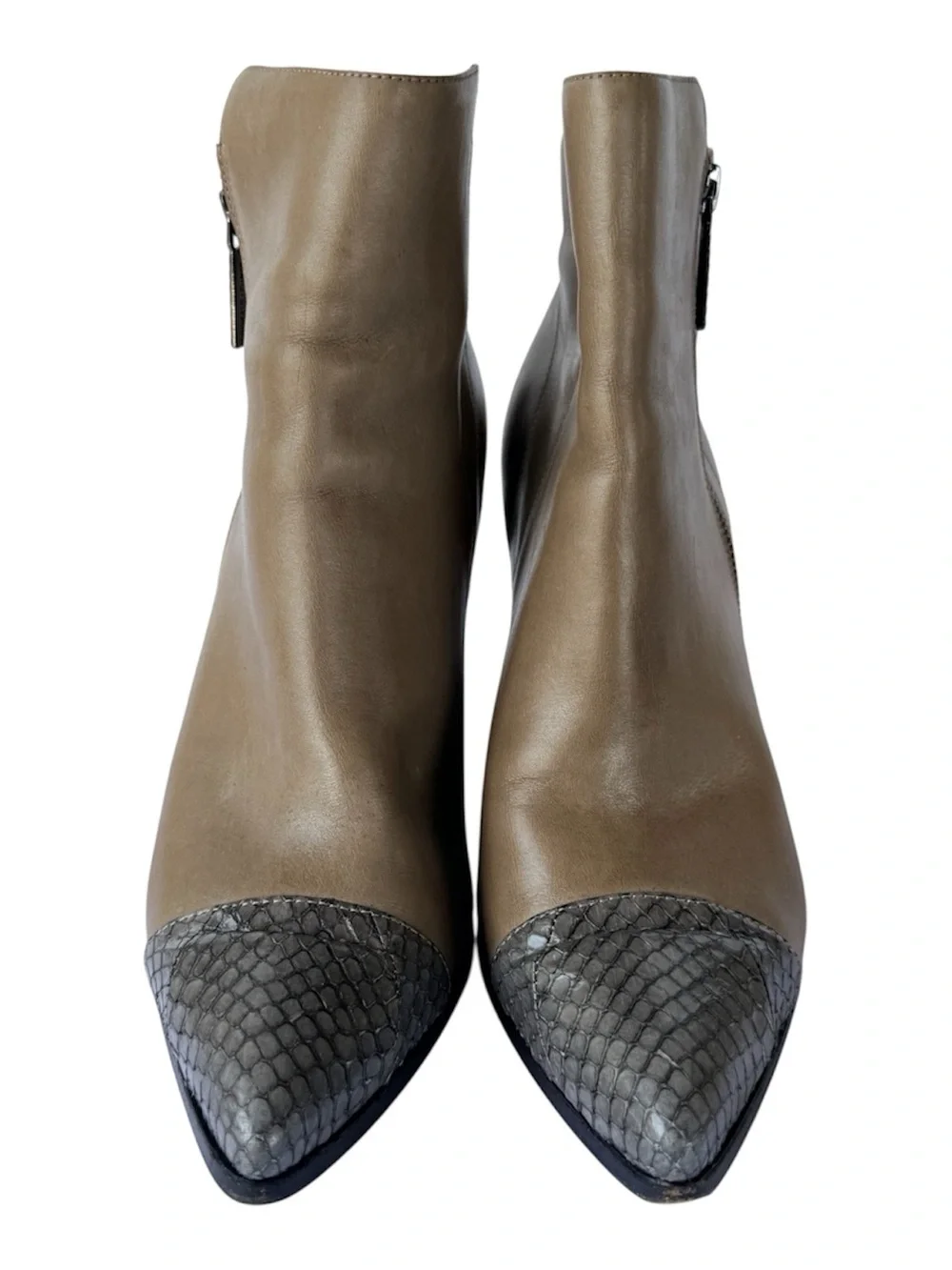 Donald J. Pliner Taupe Leather Ankle Boots with Gray Snake-Print Toe Caps
